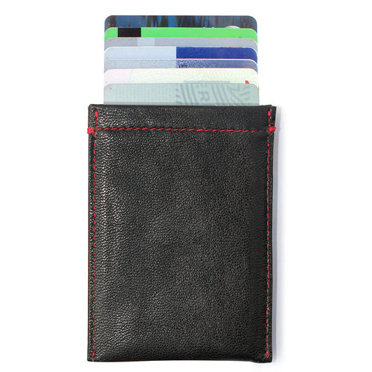 Black leather RFID card case open showing card slots