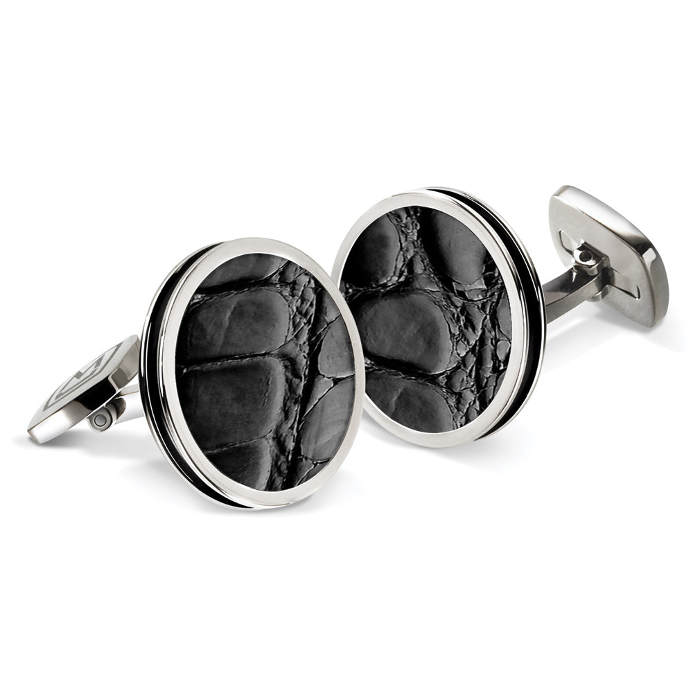Black Alligator Bordered Round Cufflinks