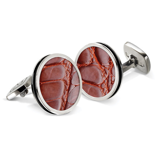 Cognac Alligator Bordered Round Cufflinks
