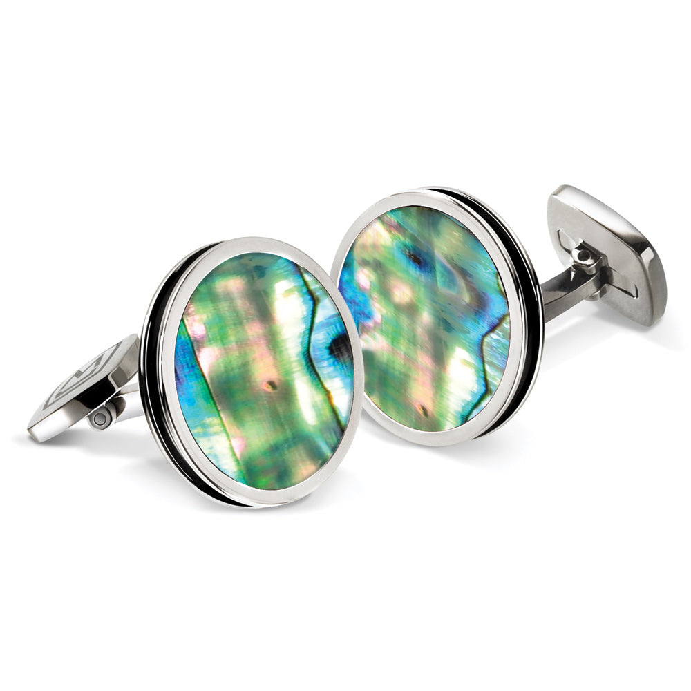 Green Abalone Bordered Round Cufflinks