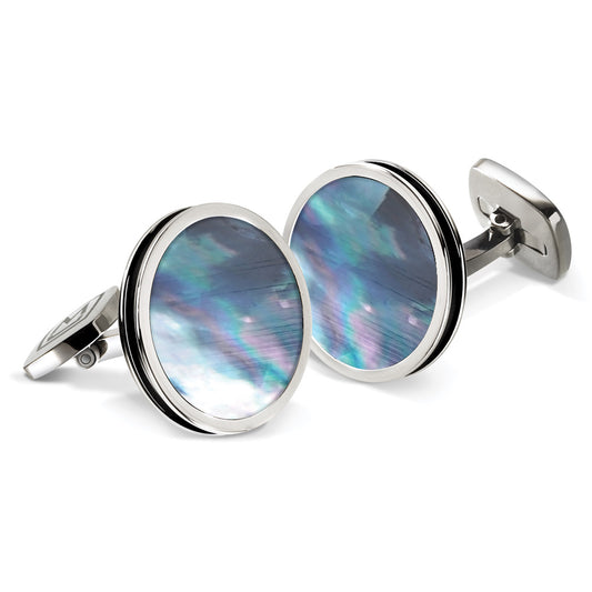 Gray Mother of Pearl Bordered Round Cufflinks