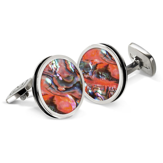 Orange Abalone Bordered Round Cufflinks