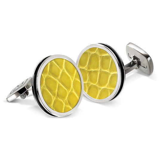 Bordered round cufflinks in yellow alligator skin