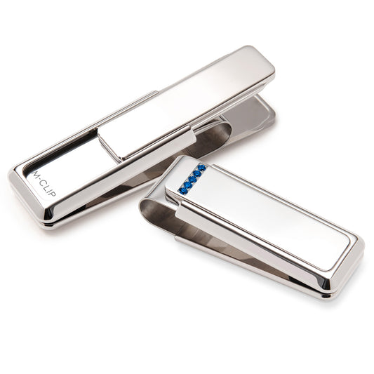 Sapphire - 5 Stone Setting Money Clip, polished rhodium finish with five inset sapphires