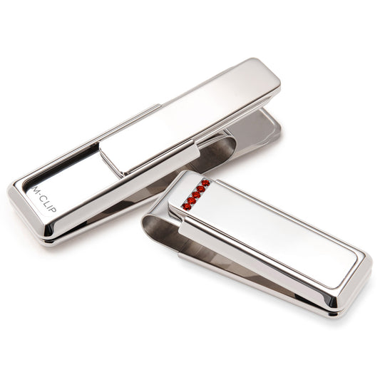 Ruby - 5 Stone Setting Money Clip, polished rhodium finish with five inset rubies