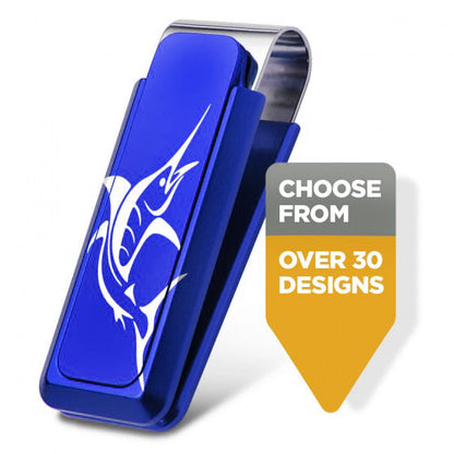Blue aluminum money clip, a rugged wallet alternative