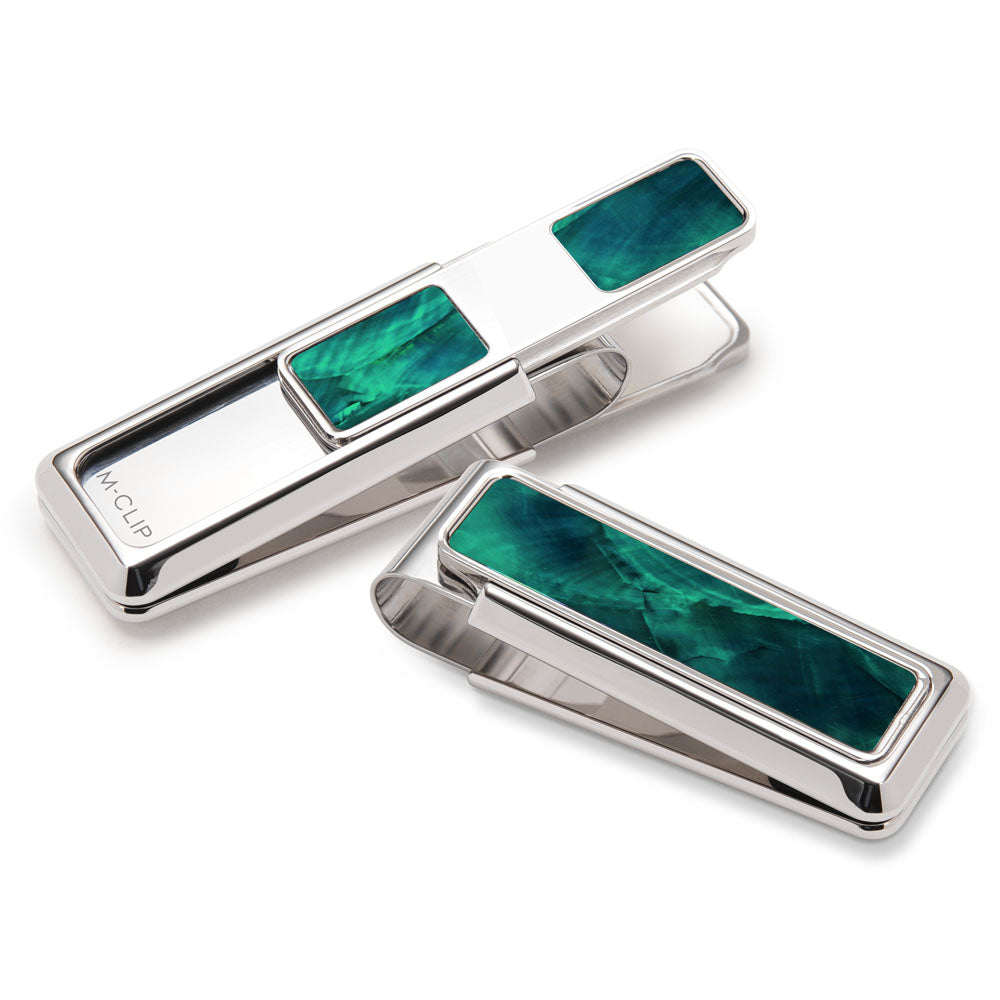 Mother of Pearl Teal Angel Wing Money Clip Two Pocket